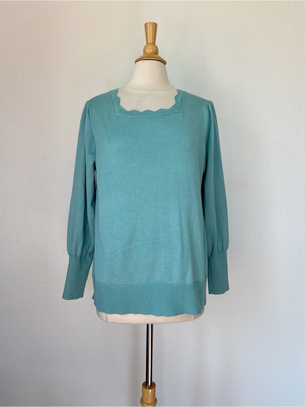 Cable & Gauge Aqua Scalloped Square Neck Sweater